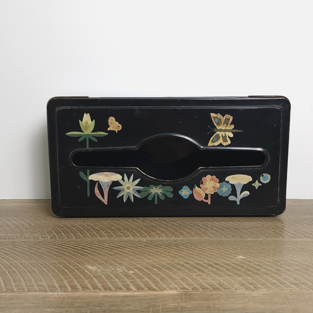 Vintage Decorative Tissue Box Cover Metal Tole Ware‎ Hand Painted Floral Hanging